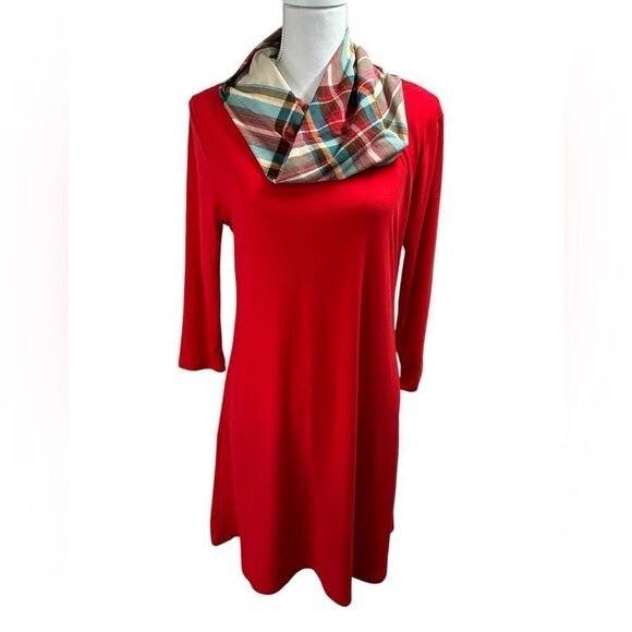 Jamie & Layla Steinmart Dress with scarf Red dress Plaid scarf Size Petite Med - Picture 1 of 9